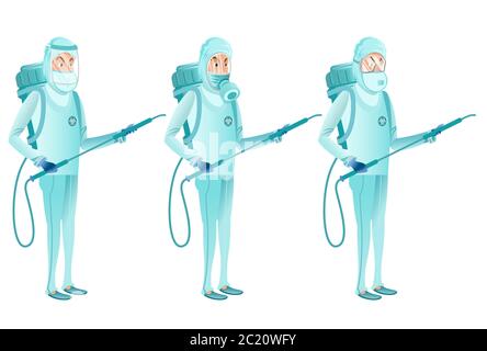 Team di disenfezione. Tre uomini in diverse maschere sicure con attrezzatura di disensazione nelle loro mani. Illustrazione Vettoriale