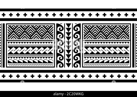 Tribale etnico polinesiano geometrico senza cuciture vettore lungo modello orizzontale, hawaiano nero e bianco design ispirato da Maori tatuaggio arte Illustrazione Vettoriale