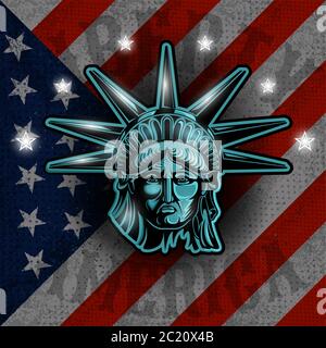 Statua della libertà sulla bandiera americana background.Independence giorno, giorno del memoriale. Illustrazione Vettoriale