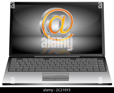 Computer portatile con simbolo e-mail arancione sul desktop color argento - illustrazione 3D Foto Stock