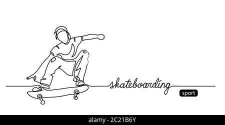 Sfondo vettoriale skateboarding, banner web, poster. Un disegno a linea continua di skater con lettere skateboard Illustrazione Vettoriale