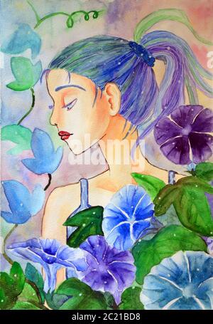 Illustrazione di una bella, romantica ragazza e fiori Foto Stock