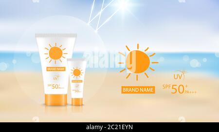 Design di prodotti Sunblock mockup su sfondo spiaggia, pubblicità cosmetica design, illustrazione vettoriale Illustrazione Vettoriale