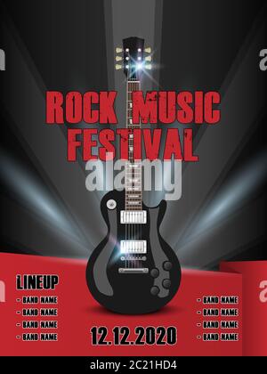 Rock music festival volantino modello di progettazione poster, chitarra nera su sfondo scuro, illustrazione vettoriale Illustrazione Vettoriale