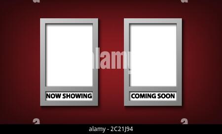 Modello di cornice per poster del filmato con ora e presto in arrivo, illustrazione vettoriale Illustrazione Vettoriale