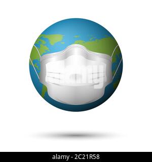 Maschera medica sulla terra del pianeta, malattia o concetto di inquinamento, illustrazione vettoriale Illustrazione Vettoriale