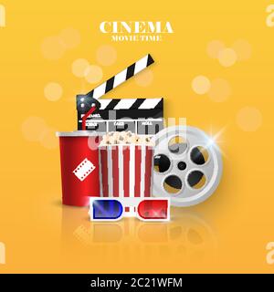 Concetto di sfondo cinematografico, oggetto cinematografico su sfondo giallo, illustrazione vettoriale Illustrazione Vettoriale