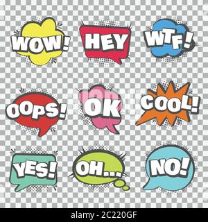 Impostazione di fumetti vocali, ombre mezzitoni, illustrazione vettoriale Illustrazione Vettoriale