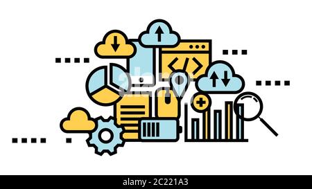 Concetto di stile grafico a icone a linea piatta, cloud computing, archiviazione dati, servizi Web. Illustrazione vettoriale Illustrazione Vettoriale