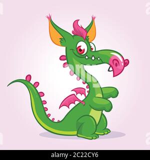 Carino drago piccolo cartone animato. Illustrazione vettoriale del mostro del drago con piccole ali Illustrazione Vettoriale