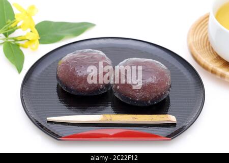 Giapponese tradizionale pasticceria, Kuzu mochi dolci su sfondo bianco Foto Stock