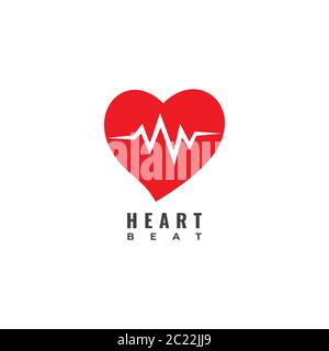 Modello di design del logo Heart Beat isolato su sfondo bianco. Cuore rosso con logo del segnale a impulsi. Illustrazione Vettoriale