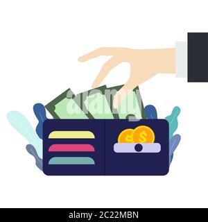Mano prende una fattura del dollaro dal portafoglio. Portafoglio con soldi in stile piatto. Concetto di furto di contanti. Illustrazione isolata Illustrazione Vettoriale