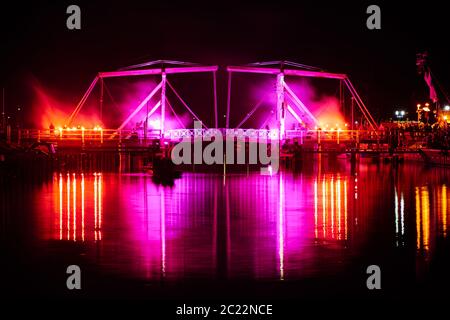 Ponte di legno di Greifswald Wieck Paesaggio notturno Foto Stock