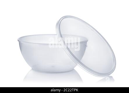 Contenitore monouso vuoto rotondo in plastica per alimenti isolato su bianco Foto Stock