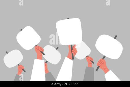 Le mani della gente tengono il banner e i cartelli sulla manifestazione di protesta o un picket in parata, riunione politica o rally. Illustrazione Vettoriale