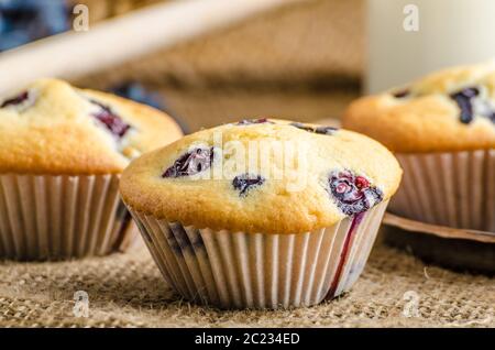 Muffin ai mirtilli latte e inceppamento in background e cesto pieno di mirtilli Foto Stock