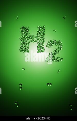 Rendering 3d: Molecole di idrogeno astratte H2 che formano le lettere 'H2' davanti a sfondo verde. Energia verde, idrogeno verde. Foto Stock