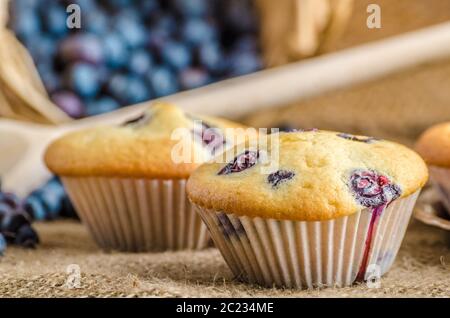 Muffin ai mirtilli latte e inceppamento in background e cesto pieno di mirtilli Foto Stock
