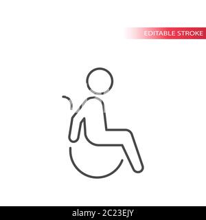 Simbolo disabilitato, icona vettore uomo in sedia a rotelle con linea sottile. Cartello di handicap, contorno e completamente modificabile. Illustrazione Vettoriale