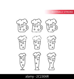 Set di icone vettoriali per birra e tazza a linee sottili. Timpe e bicchieri di birra, icone di colpo modificabili. Illustrazione Vettoriale