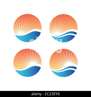 Sole e mare o oceano con il colorato design circolare logo. Turismo, simbolo di viaggio. Illustrazione Vettoriale