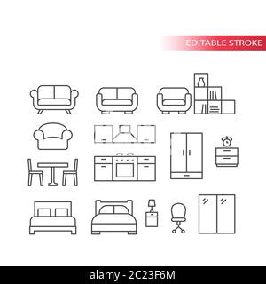 Mobili, icone vettoriali sottili per interni domestici. Letto, tavolo da cucina, divano, set di profili ripiani, tratto modificabile. Illustrazione Vettoriale