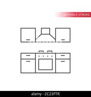 Cucina con stufa o forno e cappa sottile linea vettore icona. Mobili per la casa, contorni, tratto modificabile. Illustrazione Vettoriale