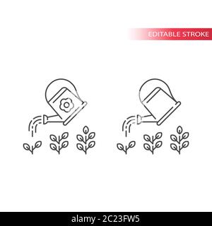 Annaffiatura lattina con impianto, concetto di fasi di crescita, sviluppo aziendale icona linea sottile. Contorno, tratto modificabile. Illustrazione Vettoriale