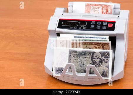 Vecchi soldi polacchi in una macchina di conteggio Foto Stock