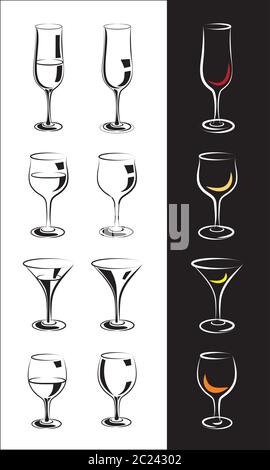 Set di bicchieri stilizzati per vino, champagne, whisky, cognac, brandy, rum, e così via in poche interpretazioni Illustrazione Vettoriale