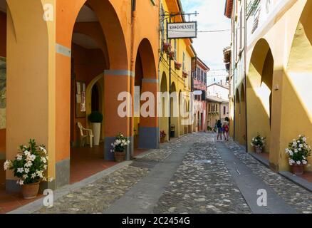 Opere stabili dipinte sulle pareti delle case nel borgo medievale di Dozza, vicino a Bologna, in Emilia Romagna. Foto Stock