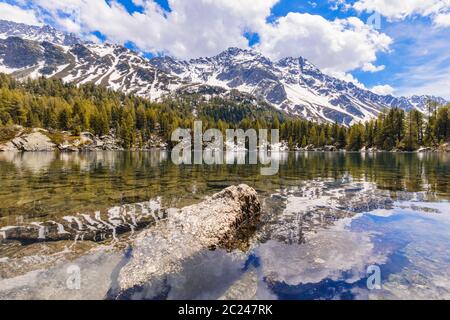 Bellissimo lago di montagna di Saoseo (Lagh da Saoseo) in un pomeriggio soleggiato in Val da Camp, una valle nella regione di Poschiavo dei Grigioni, Svizzera. Foto Stock