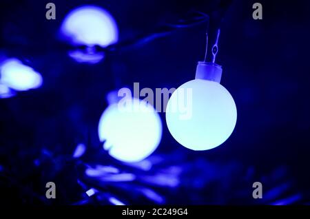 Luci blu di natale su sfondo blu Foto Stock