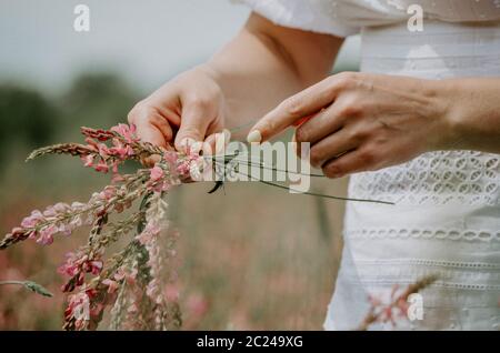 Primo piano di una donna che intreccia fiori selvatici in una corona di fiori Foto Stock