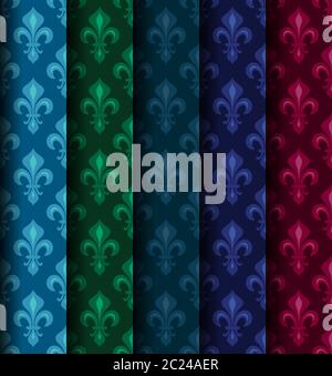 Royal gigli araldici (Fleur de Lis) -- ricca colorato sfondo, tessuto, seamless pattern, set di 5 rulli versicolored. Foto Stock