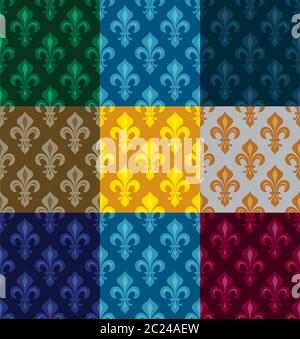 Royal gigli araldici (Fleur de Lis) -- ricca colorato sfondo, tessuto, seamless pattern, set di 9 versicolored piastrelle. Foto Stock