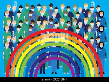 Personale ospedaliero NHS che indossa maschere facciali con un arcobaleno Illustrazione Vettoriale