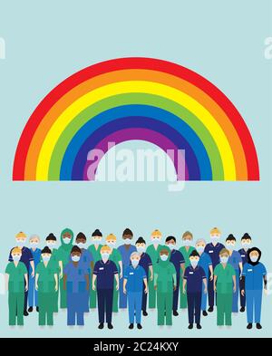 Personale ospedaliero NHS che indossa maschere facciali con un arcobaleno Illustrazione Vettoriale