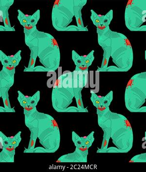 Zombie gatto modello senza giunture. Fondo mostro verde PET. Texture vettoriale Illustrazione Vettoriale