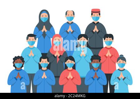Persone in maschere mediche protettive. Gruppo di persone che indossano maschera di protezione per prevenire e proteggere i virus. Uomo e donna indossano protezione Illustrazione Vettoriale