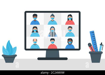 Illustrazione della videoconferenza. Pagina iniziale del modulo di lavoro per riunioni online. Soggiorno e lavoro da casa. Streaming, chat Web, incontri online con gli amici. Illustrazione Vettoriale