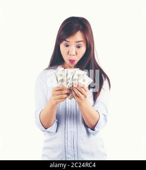 Donna asiatica prendendo un sacco di soldi Foto Stock