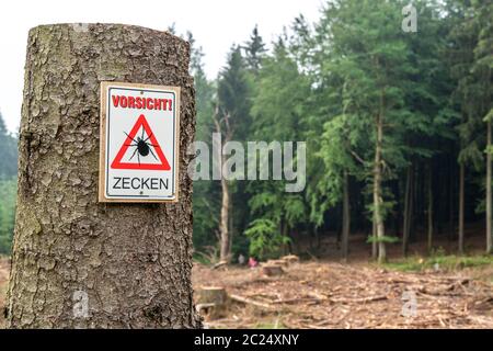 Cartello segnaletico per le zecche, nella foresta di Arnsberg, vicino Hirschberg, Sauerland, NRW, Germania Foto Stock