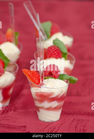 Inglese - Dessert Cremoso Vaniglia crema di mascarpone con strisce arcobaleno di frutta di bosco con fragole e lamponi con menta - nel crogiolo Foto Stock