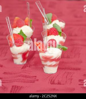 Inglese - Dessert Cremoso Vaniglia crema di mascarpone con strisce arcobaleno di frutta di bosco con fragole e lamponi con menta - nel crogiolo Foto Stock