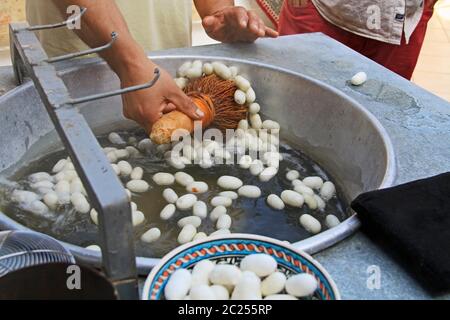 La sfilacciatura White Bozzoli di bachi da seta galleggiante in acqua calda Foto Stock