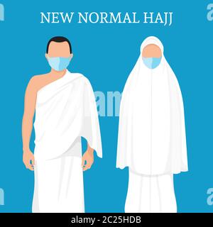 Nuovi caratteri hajj normali. Uomini e donne indossano maschere durante il pellegrinaggio. Uomini e donne, personaggi di pellegrinaggio. Caratteri hajj a disegno piatto. Illustrazione Vettoriale