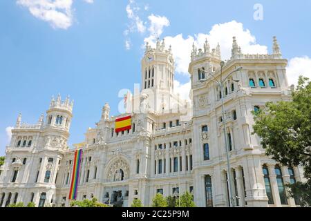 La facciata principale del Municipio, situato in Plaza de Cibeles square, il Consiglio municipale di Madrid, Spagna Foto Stock