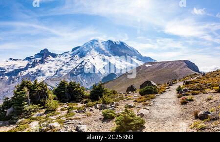 Una vista sul sentiero delle Montagne Burroughs tra il Mount Rainier National Park, Washington, USA. Foto Stock